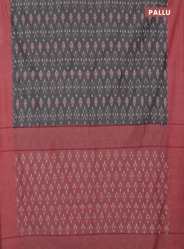 Ikat cotton saree grey and red with allover ikat weaves and simple border