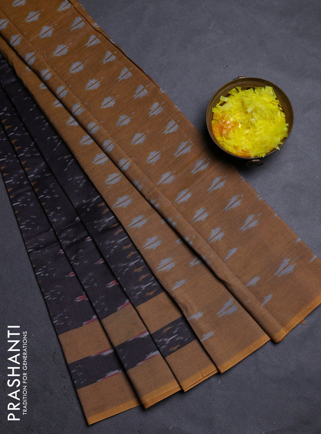 Ikat cotton saree brown shade and mustard yellow with allover ikat weaves and rettapet ikat border