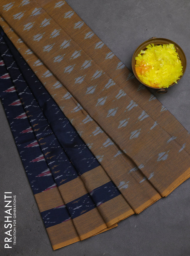 Ikat cotton saree dark peacock blue and dark mustard with allover ikat weaves and rettapet ikat border