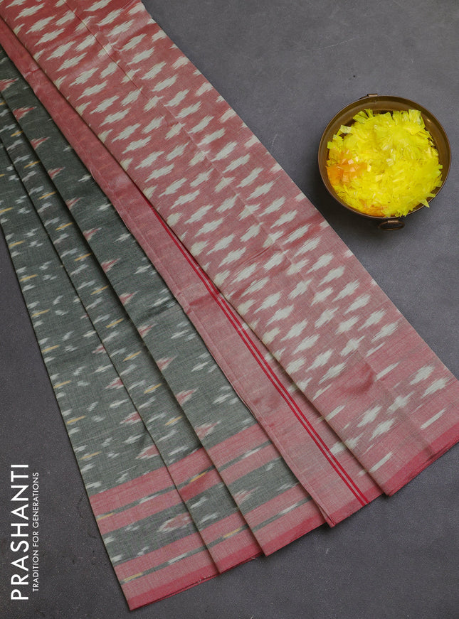 Ikat cotton saree grey and red shade with allover ikat butta weaves and rettapet ikat border