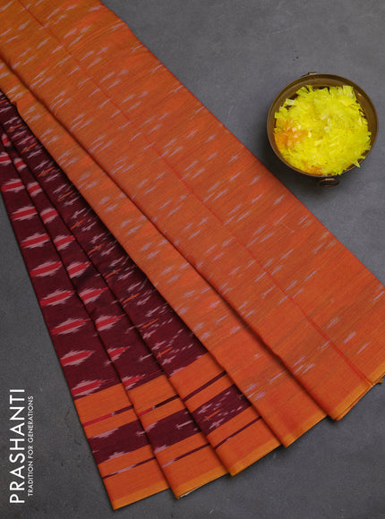 Ikat cotton saree maroon and mustard yellow with allover ikat butta weaves and rettapet ikat border