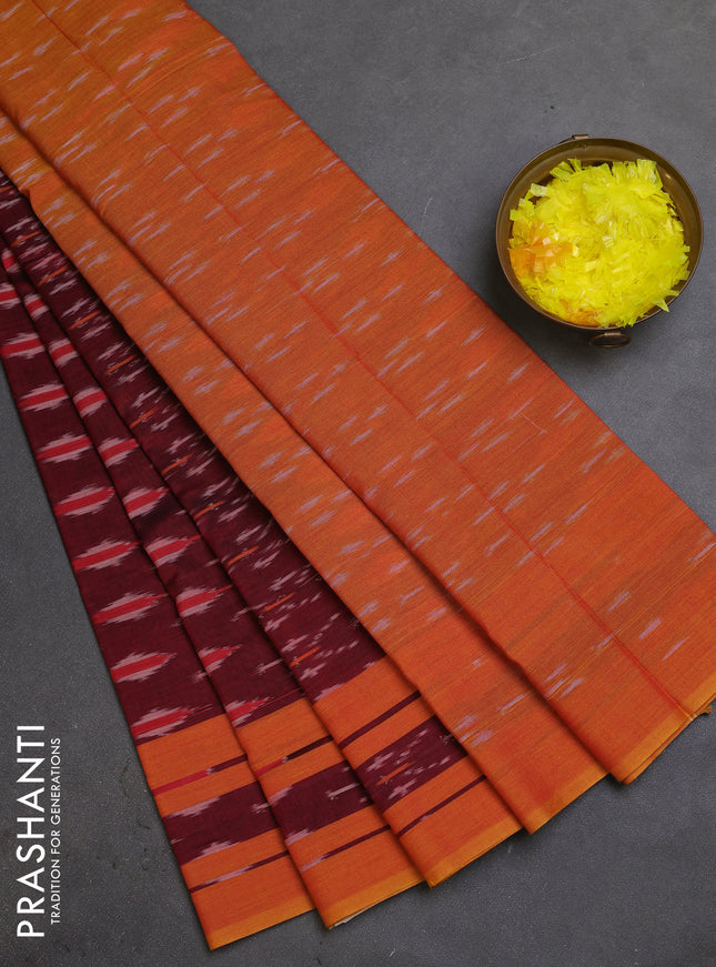 Ikat cotton saree maroon and mustard yellow with allover ikat butta weaves and rettapet ikat border