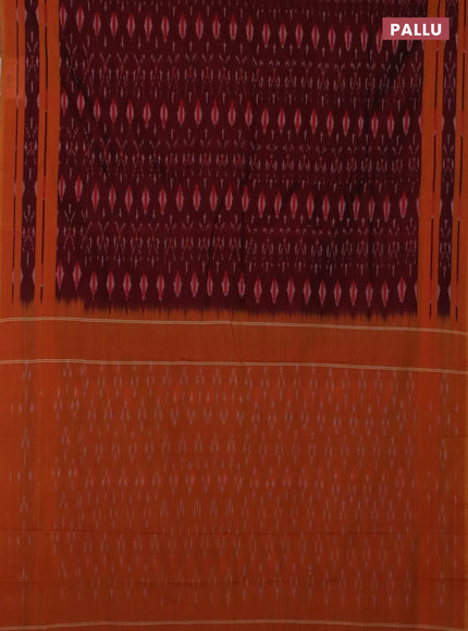 Ikat cotton saree maroon and mustard yellow with allover ikat butta weaves and rettapet ikat border