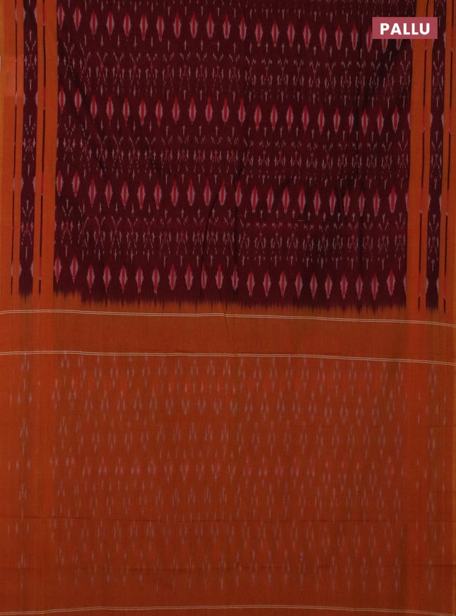 Ikat cotton saree maroon and mustard yellow with allover ikat butta weaves and rettapet ikat border