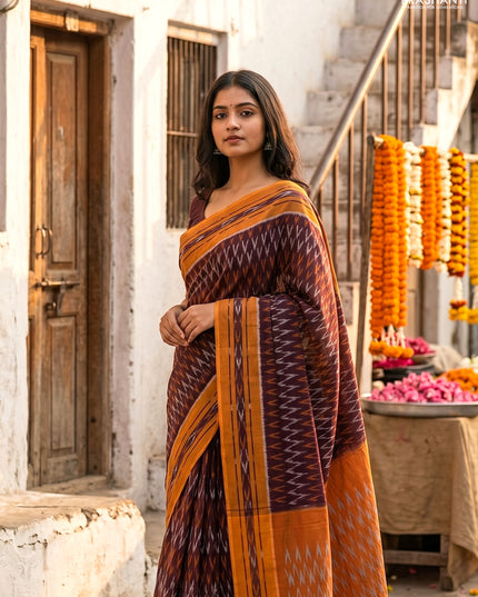 Ikat cotton saree deep maroon and dark mustard with allover ikat weaves and rettapet ikat border