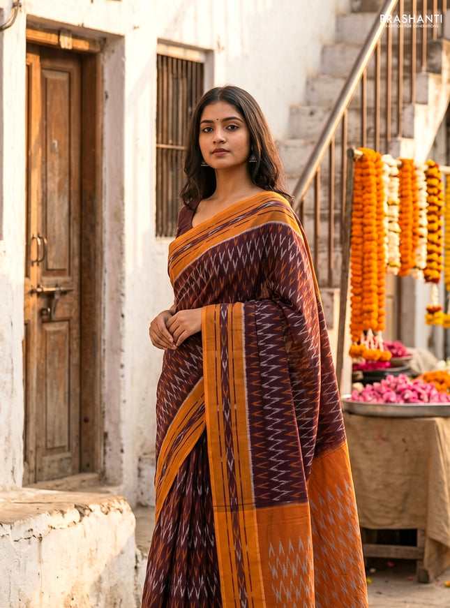 Ikat cotton saree deep maroon and dark mustard with allover ikat weaves and rettapet ikat border