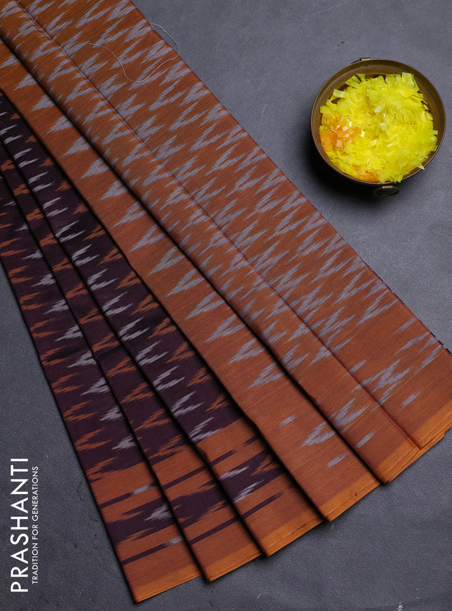 Ikat cotton saree deep maroon and dark mustard with allover ikat weaves and rettapet ikat border