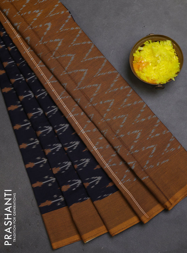 Ikat cotton saree deep navy blue and dark mustard with allover ikat butta weaves and simple border