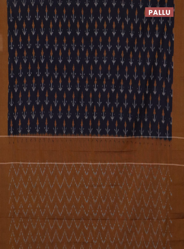 Ikat cotton saree deep navy blue and dark mustard with allover ikat butta weaves and simple border