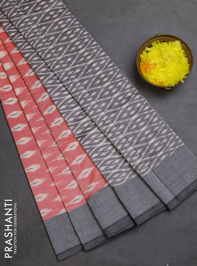 Ikat cotton saree red shade and grey with allover ikat butta weaves and simple border