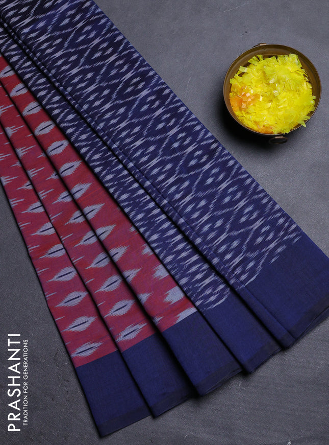 Ikat cotton saree maroon shade and navy blue with allover ikat butta weaves and simple border