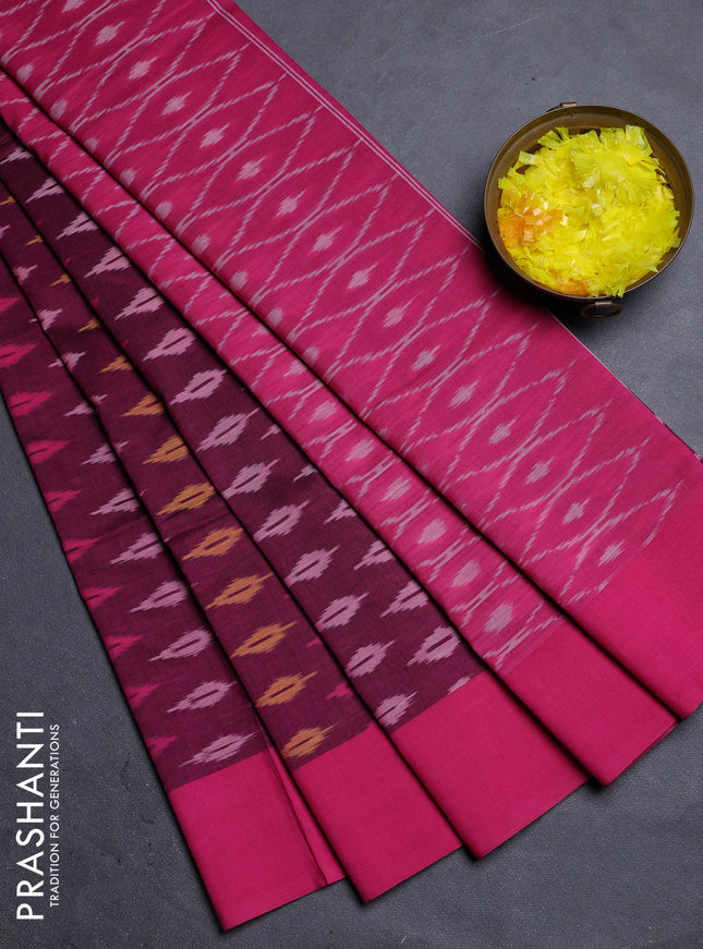Ikat cotton saree dark magenta and pink with allover ikat butta weaves and rettapet ikat border