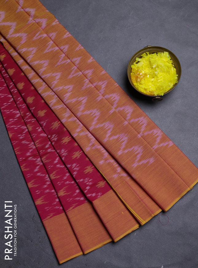 Ikat cotton saree reddish pink and mustard yellow with allover ikat weaves and simple border