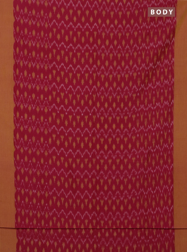 Ikat cotton saree reddish pink and mustard yellow with allover ikat weaves and simple border