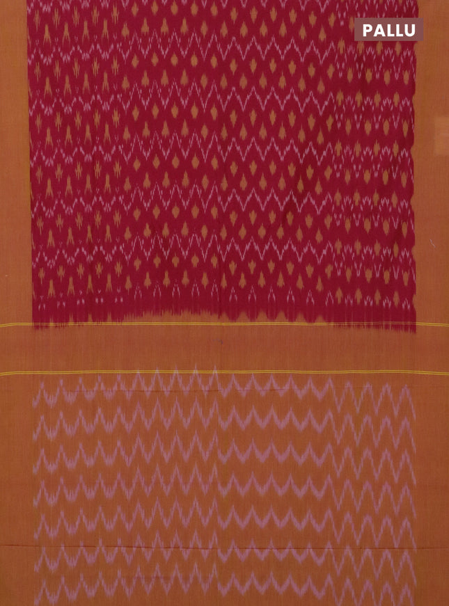 Ikat cotton saree reddish pink and mustard yellow with allover ikat weaves and simple border