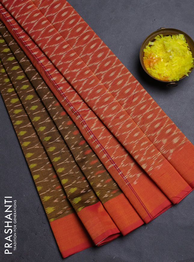 Ikat cotton saree dark mustard and dual shade of reddish orange with allover ikat weaves and simple border