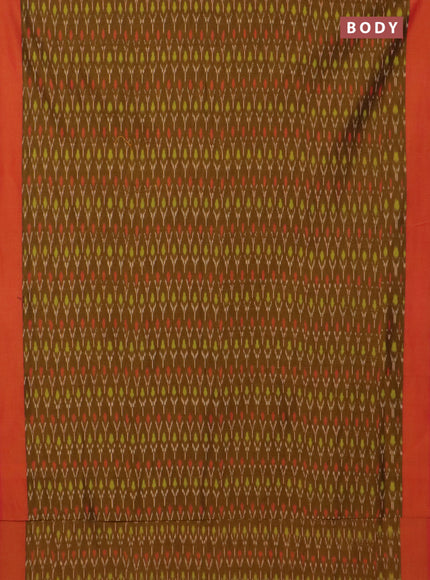 Ikat cotton saree dark mustard and dual shade of reddish orange with allover ikat weaves and simple border