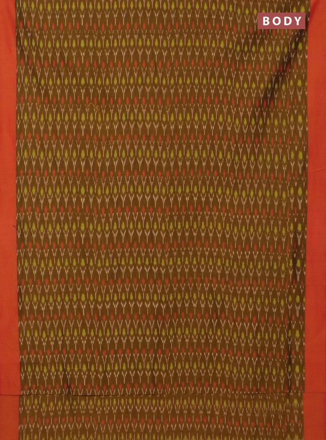 Ikat cotton saree dark mustard and dual shade of reddish orange with allover ikat weaves and simple border