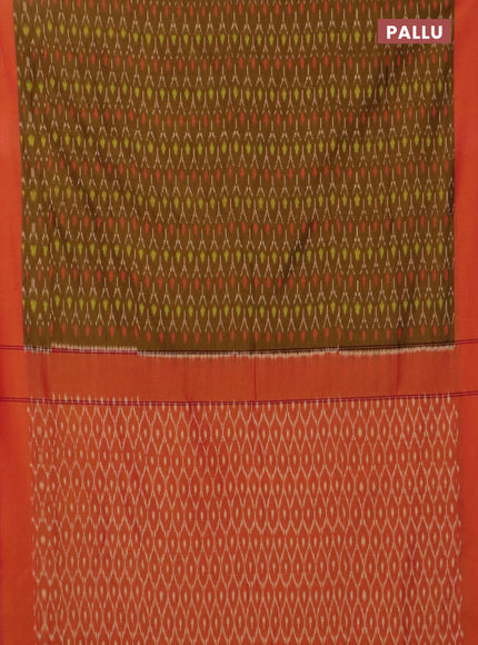 Ikat cotton saree dark mustard and dual shade of reddish orange with allover ikat weaves and simple border