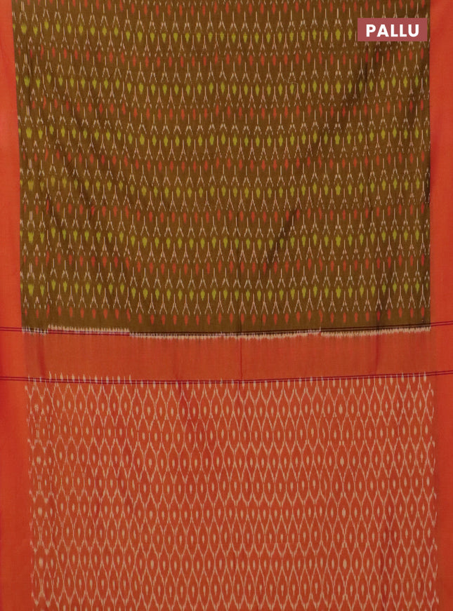 Ikat cotton saree dark mustard and dual shade of reddish orange with allover ikat weaves and simple border