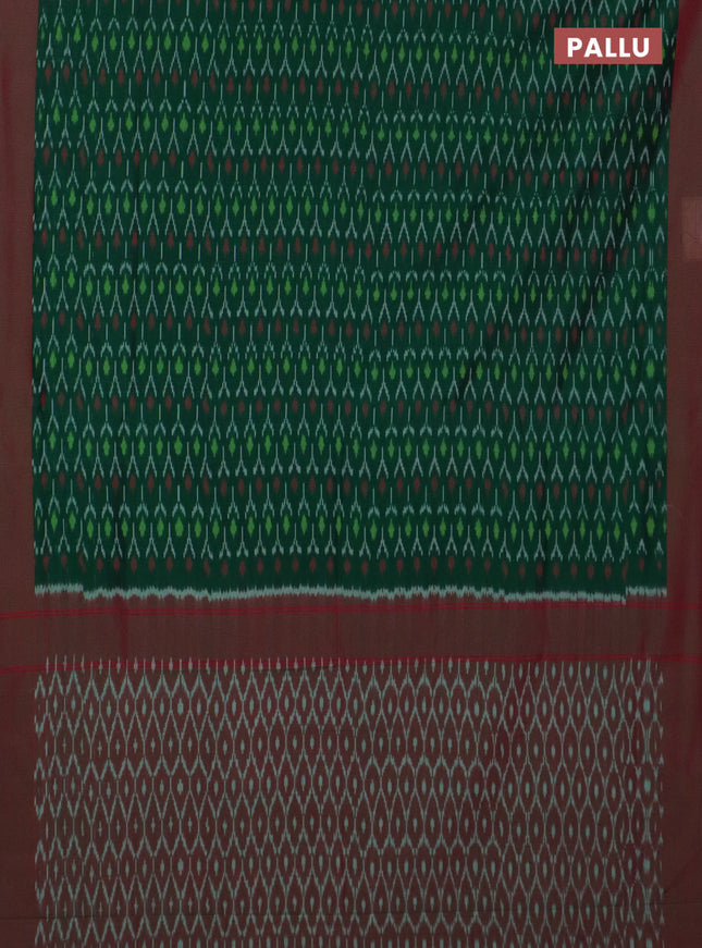 Ikat cotton saree green and dual shade of greenish maroon with allover ikat weaves and simple border