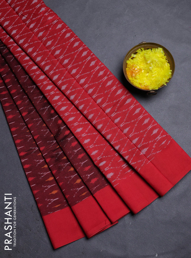 Ikat cotton saree maroon and red with allover ikat weaves and simple border