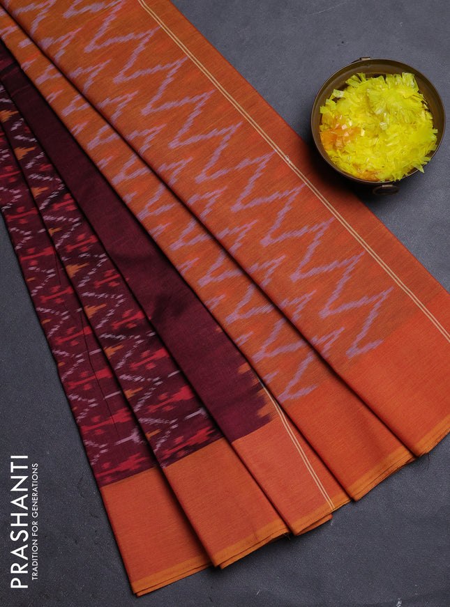 Ikat cotton saree maroon and mustard yellow with allover ikat weaves and simple border