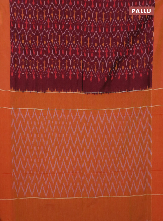 Ikat cotton saree maroon and mustard yellow with allover ikat weaves and simple border