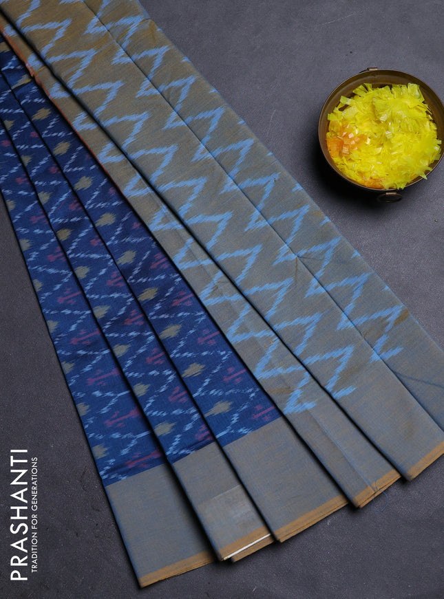 Ikat cotton saree peacock blue and dual shade of mustard with allover ikat weaves and simple border