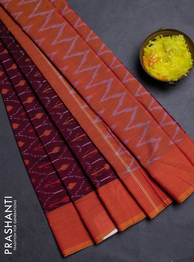 Ikat cotton saree wine shade and sunset orange with allover ikat weaves and simple border
