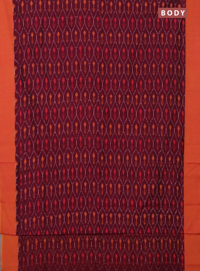 Ikat cotton saree wine shade and sunset orange with allover ikat weaves and simple border