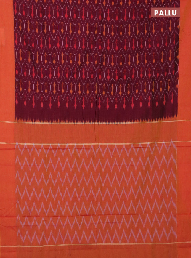 Ikat cotton saree wine shade and sunset orange with allover ikat weaves and simple border