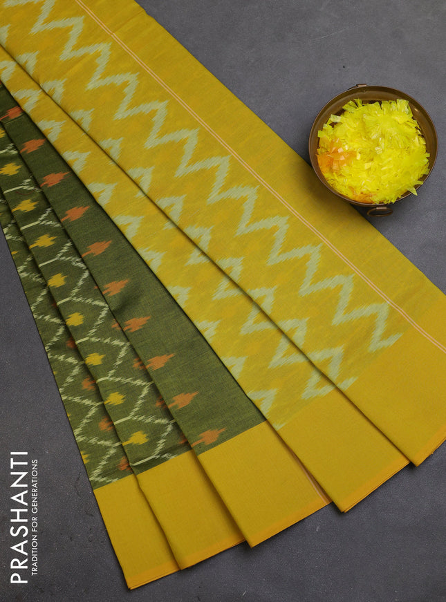 Ikat cotton saree mehendi green and yellow with allover ikat weaves and simple border