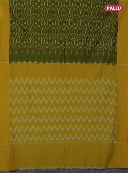 Ikat cotton saree mehendi green and yellow with allover ikat weaves and simple border