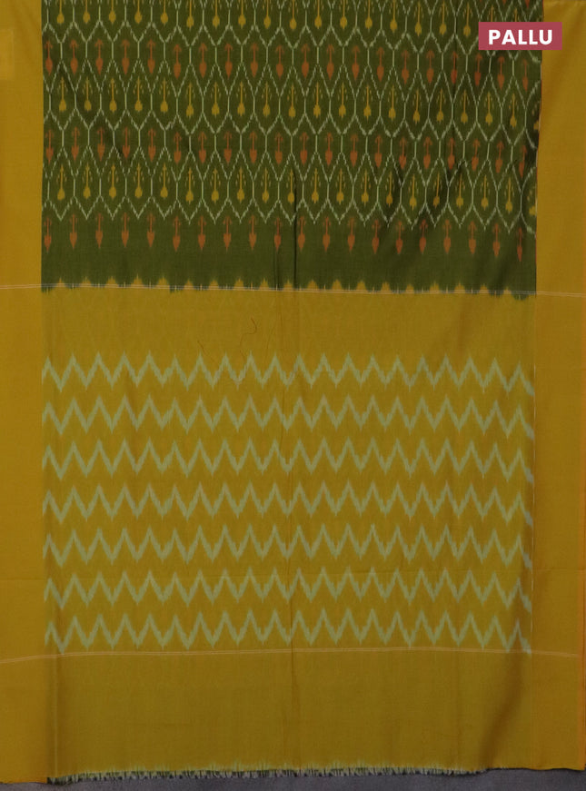 Ikat cotton saree mehendi green and yellow with allover ikat weaves and simple border