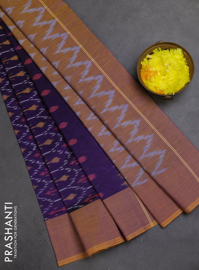 Ikat cotton saree violet and dark mustard with allover ikat weaves and simple border