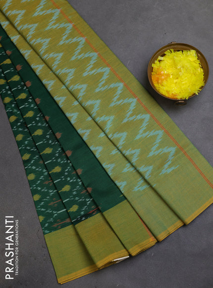 Ikat cotton saree green and dual shade of mustard green with allover ikat weaves and simple border