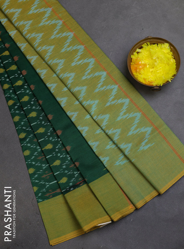 Ikat cotton saree green and dual shade of mustard green with allover ikat weaves and simple border