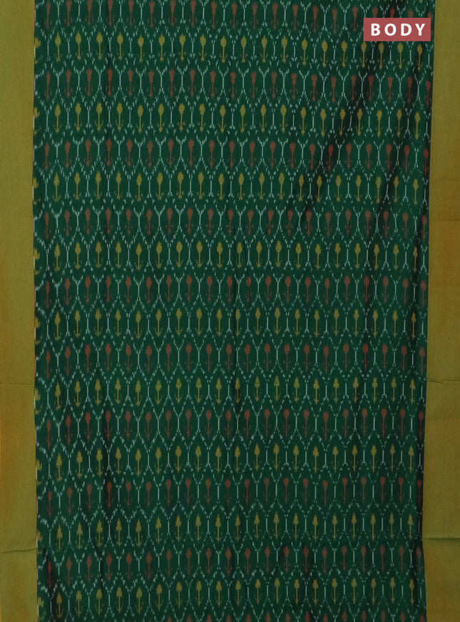 Ikat cotton saree green and dual shade of mustard green with allover ikat weaves and simple border