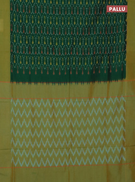 Ikat cotton saree green and dual shade of mustard green with allover ikat weaves and simple border