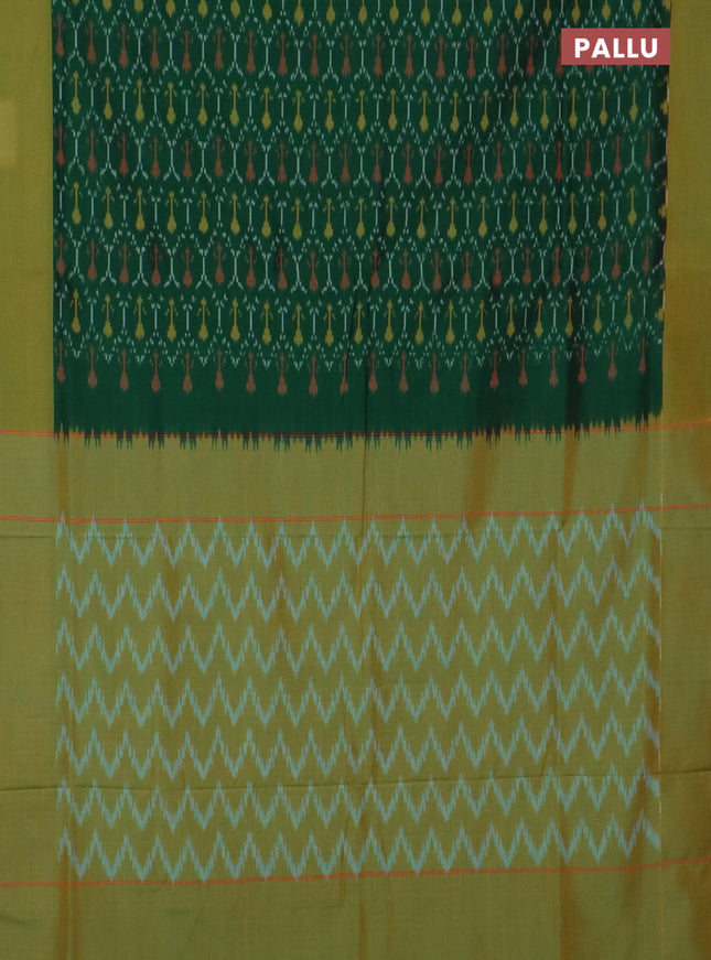 Ikat cotton saree green and dual shade of mustard green with allover ikat weaves and simple border