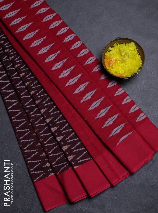 Ikat cotton saree deep maroon and tomato pink with allover ikat weaves and simple border