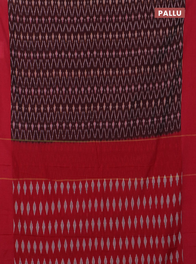 Ikat cotton saree deep maroon and tomato pink with allover ikat weaves and simple border