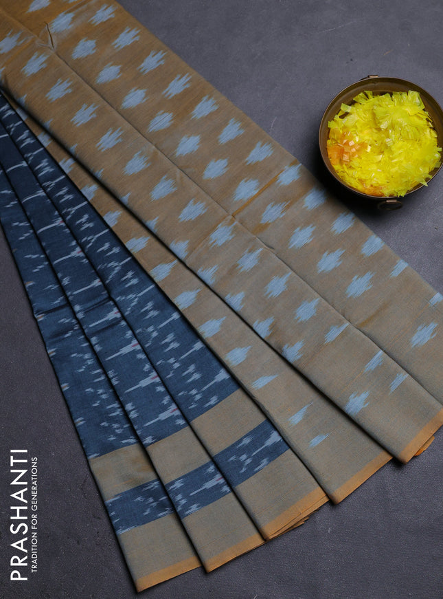 Ikat cotton saree peacock blue shade and mustard shade with allover ikat weaves and rettapet ikat border
