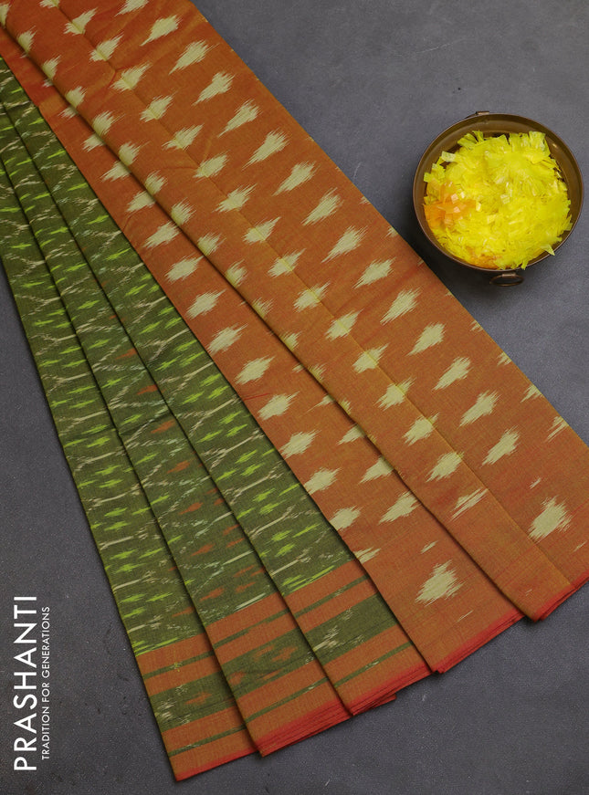 Ikat cotton saree mehendi green and dual shade of mustard with allover ikat weaves and rettapet ikat border