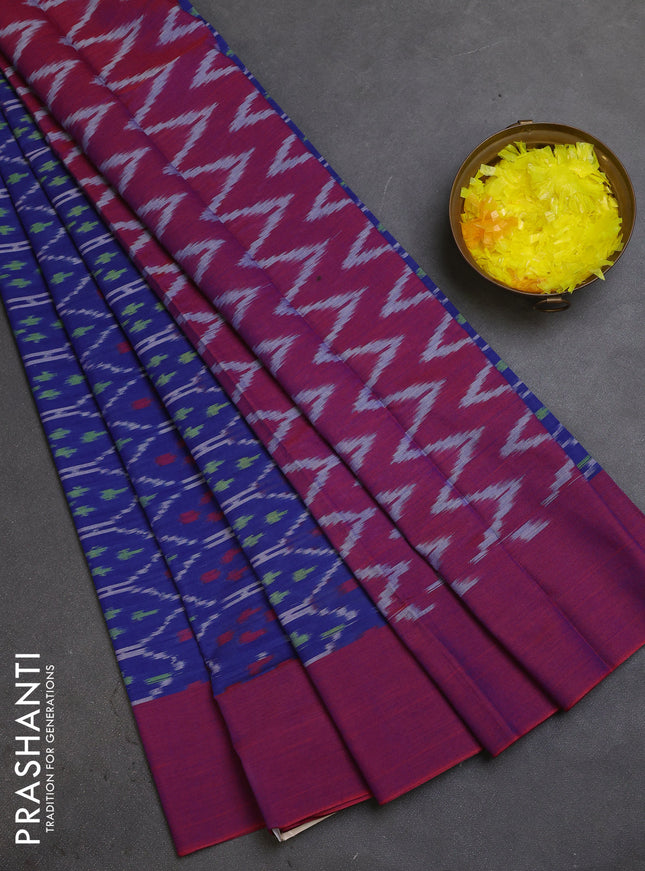 Ikat cotton saree blue and dual shade of maroon with allover ikat weaves and simple border