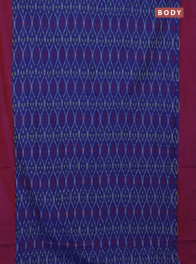 Ikat cotton saree blue and dual shade of maroon with allover ikat weaves and simple border