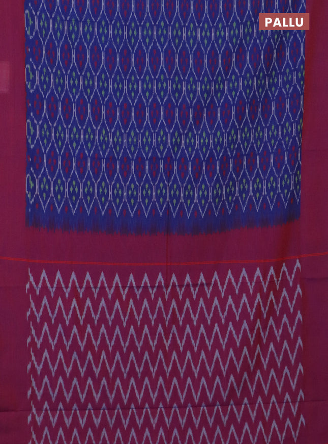 Ikat cotton saree blue and dual shade of maroon with allover ikat weaves and simple border