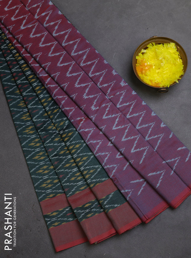 Ikat cotton saree dark green and maroon with allover ikat weaves and rettapet ikat border