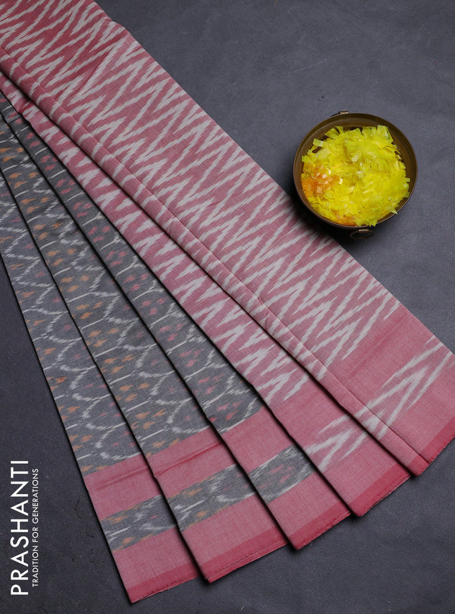Ikat cotton saree grey and red shade with allover ikat weaves and rettapet ikat border